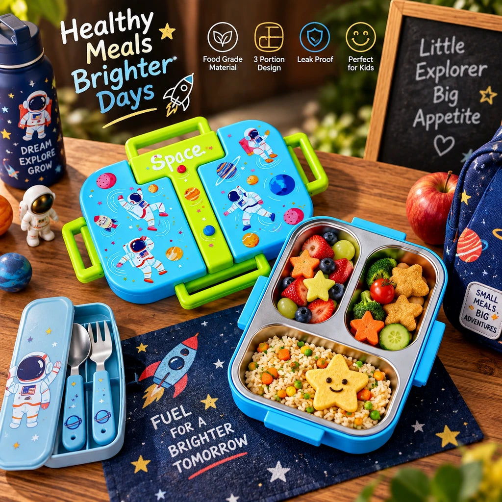 Laxson 3-Compartment 600 ML Stainless Steel Lunch Box | Blue Astronaut Space Design