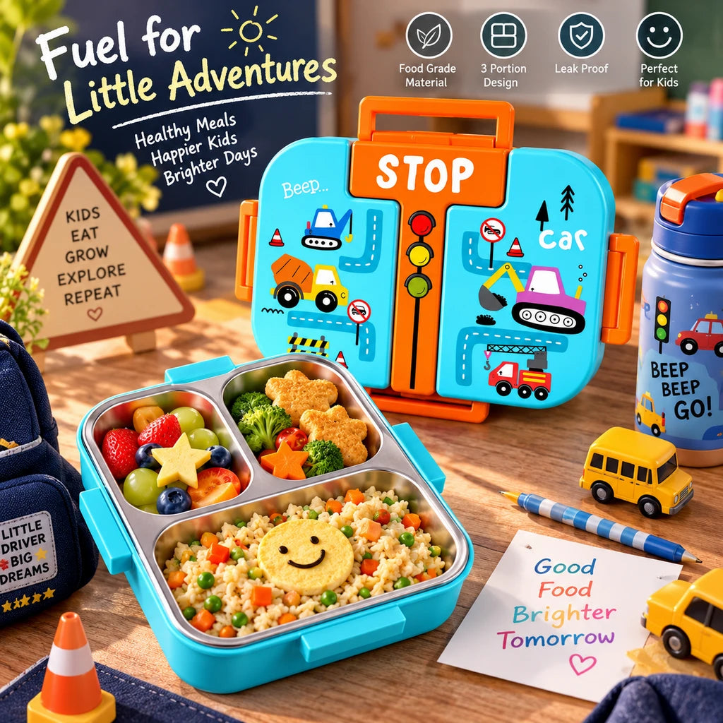 Laxson 3-Compartment 600 ML Stainless Steel Lunch Box | Construction Vehicles Design