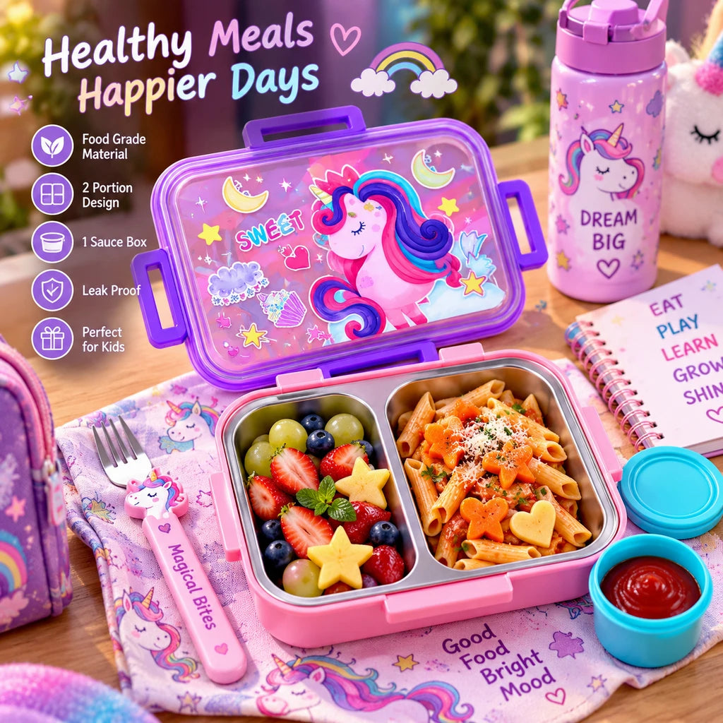 Laxson 700 ML 2-Compartment Stainless Steel Lunch Box with Sauce Pot | Sweet Unicorn Design