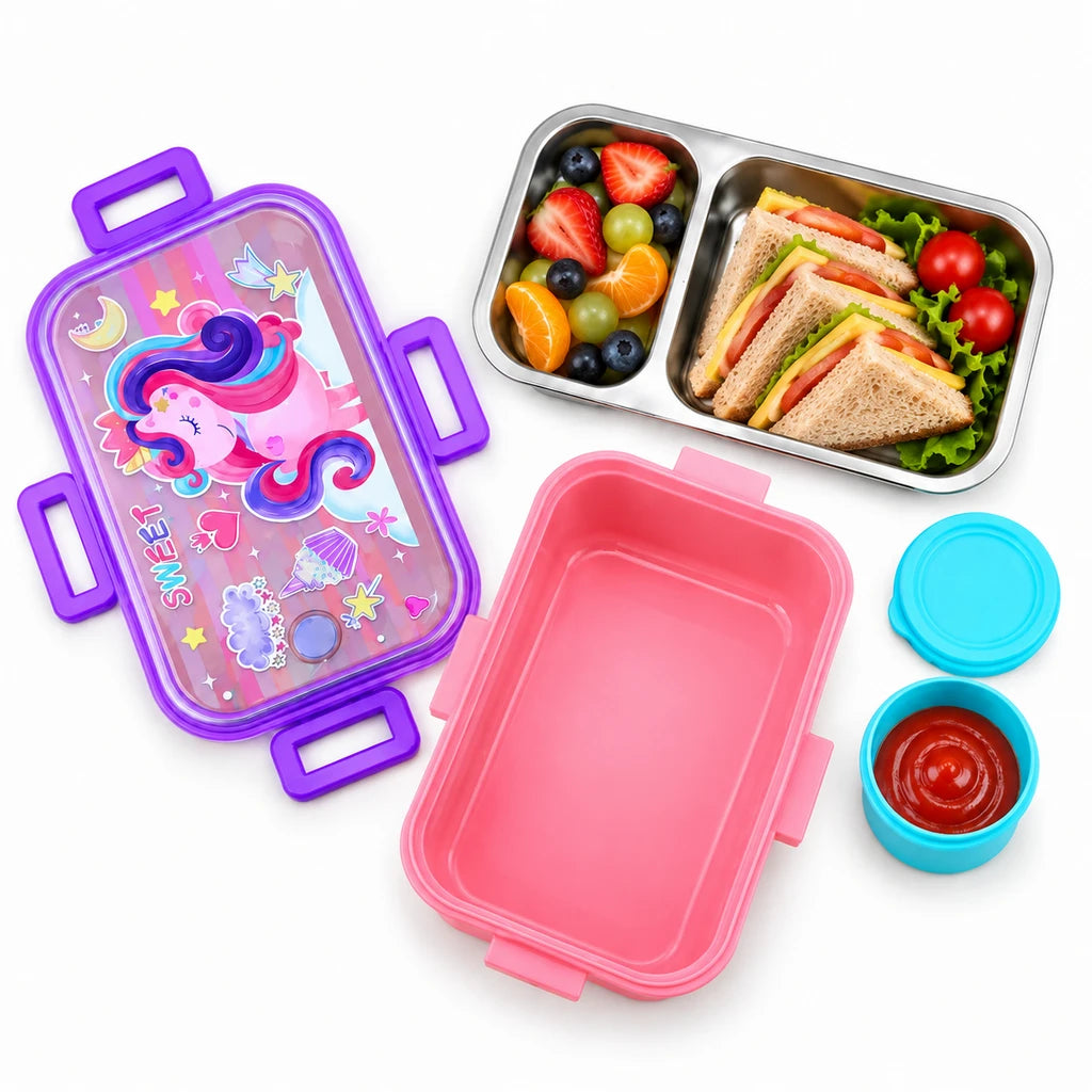 Laxson 700 ML 2-Compartment Stainless Steel Lunch Box with Sauce Pot | Sweet Unicorn Design