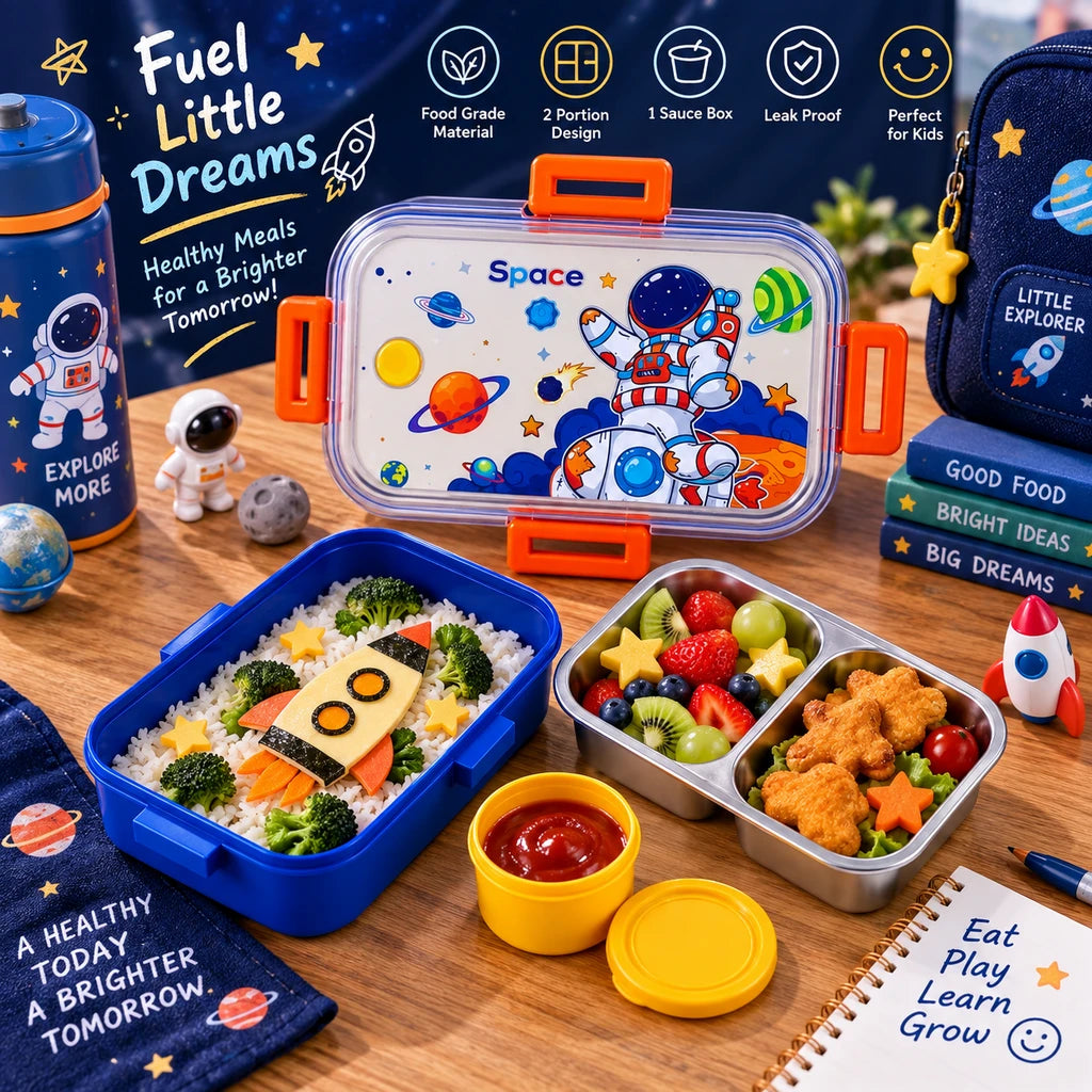 IQIX 700 ML 2-Compartment Stainless Steel Lunch Box with Sauce Pot | Space Astronaut Design