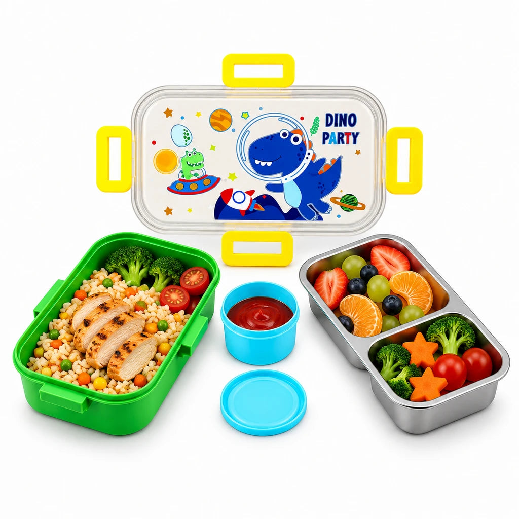 IQIX 700 ML 2-Compartment Stainless Steel Lunch Box with Sauce Pot | Dino Party Design