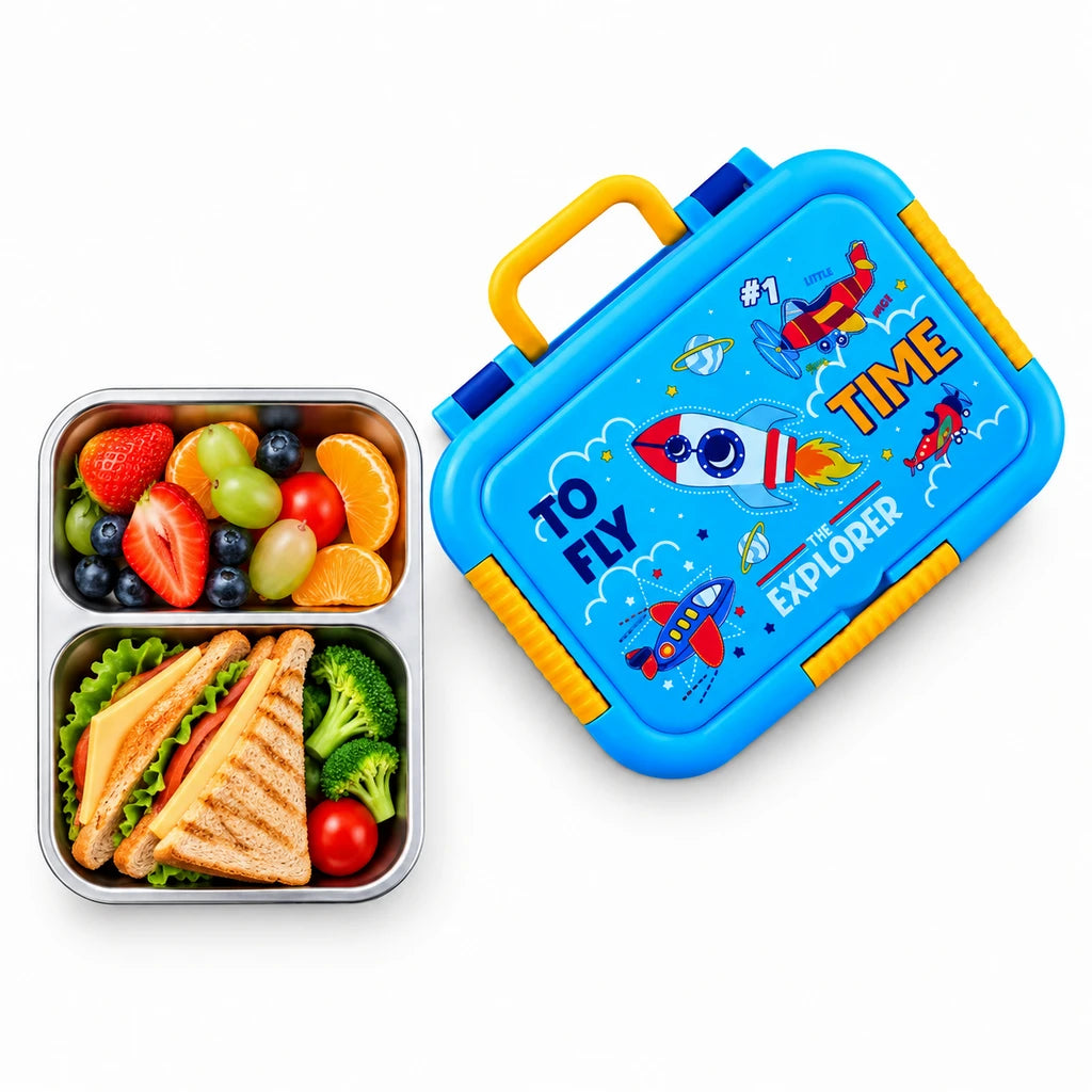 IQIX 800 ML 2-Compartment Stainless Steel Lunch Box | Time to Fly Explorer Design