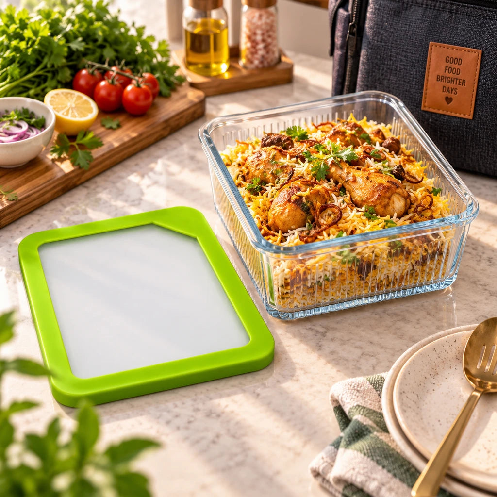Limon Glass Rectangular Lunch Box - 2250 ML | Green
