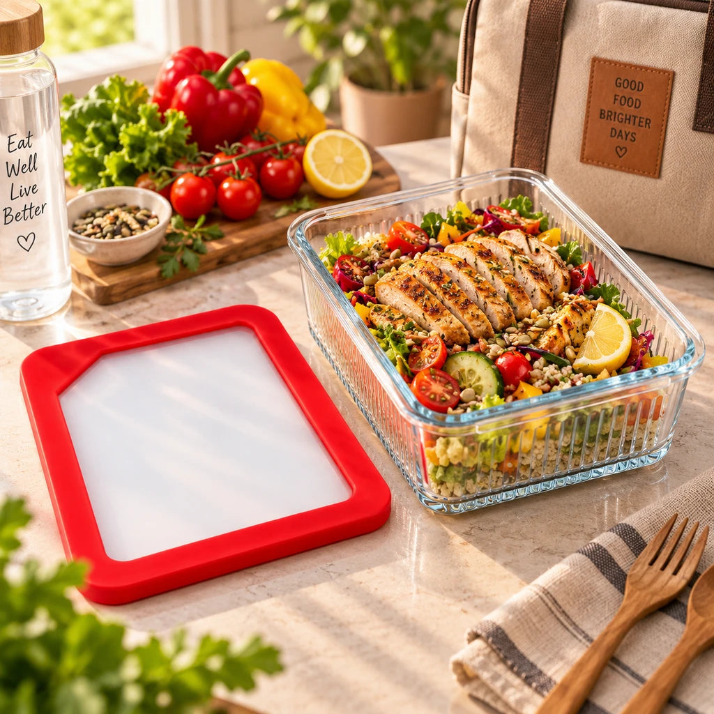 Limon Glass Rectangular Lunch Box - 2250 ML | Red