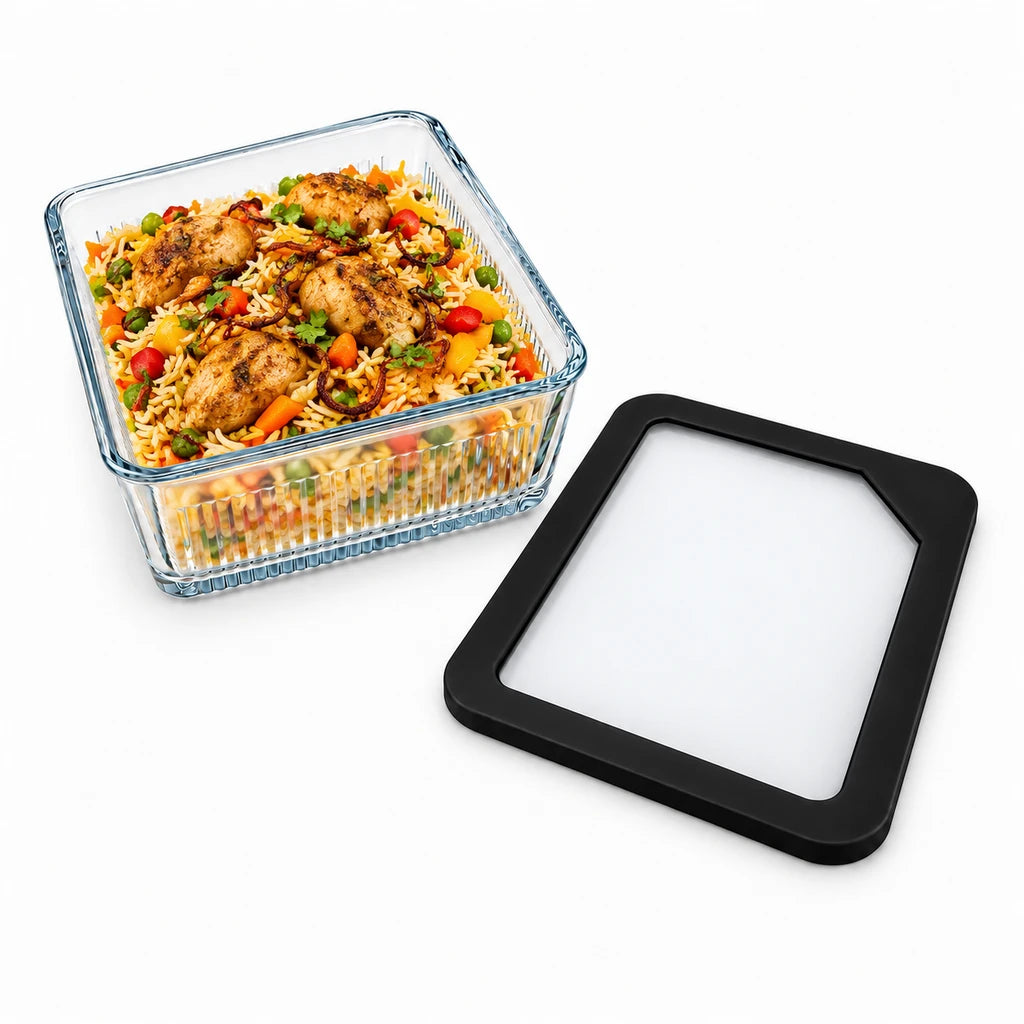 Limon Glass Rectangular Lunch Box - 2250 ML | Black