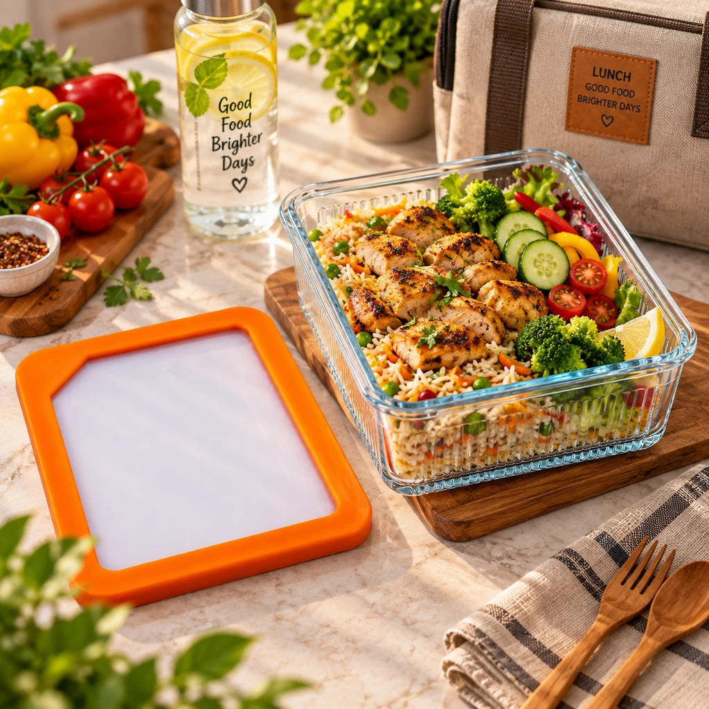 Limon Glass Rectangular Lunch Box - 2250 ML | Orange