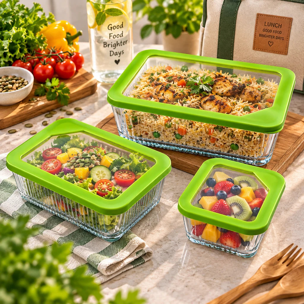 Limon 3-Piece Glass Rectangular Lunch Box Set | Green
