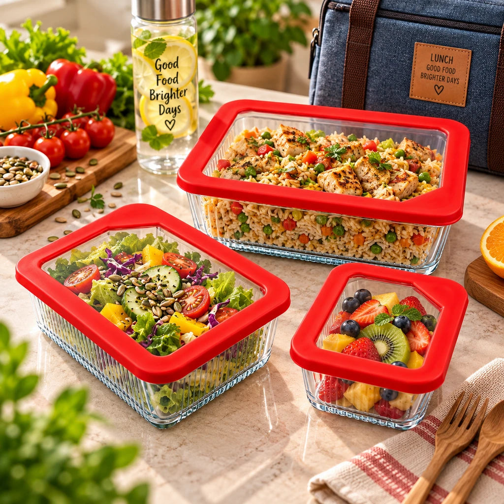 Limon 3-Piece Glass Rectangular Lunch Box Set | Red
