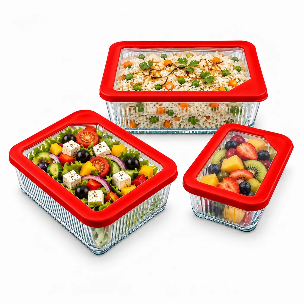 Limon 3-Piece Glass Rectangular Lunch Box Set | Red