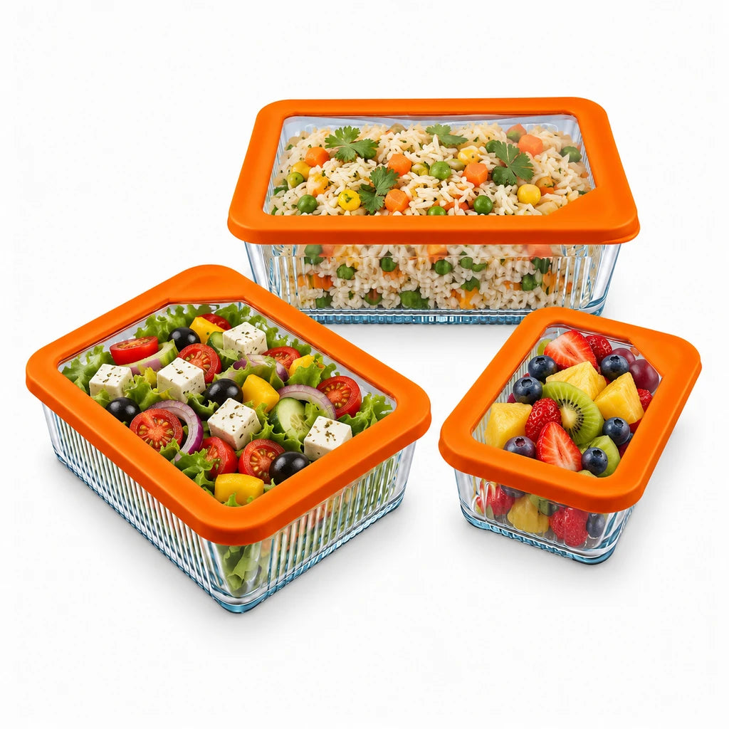 Limon 3-Piece Glass Rectangular Lunch Box Set | Orange