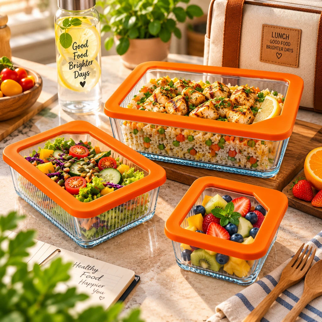Limon 3-Piece Glass Rectangular Lunch Box Set | Orange