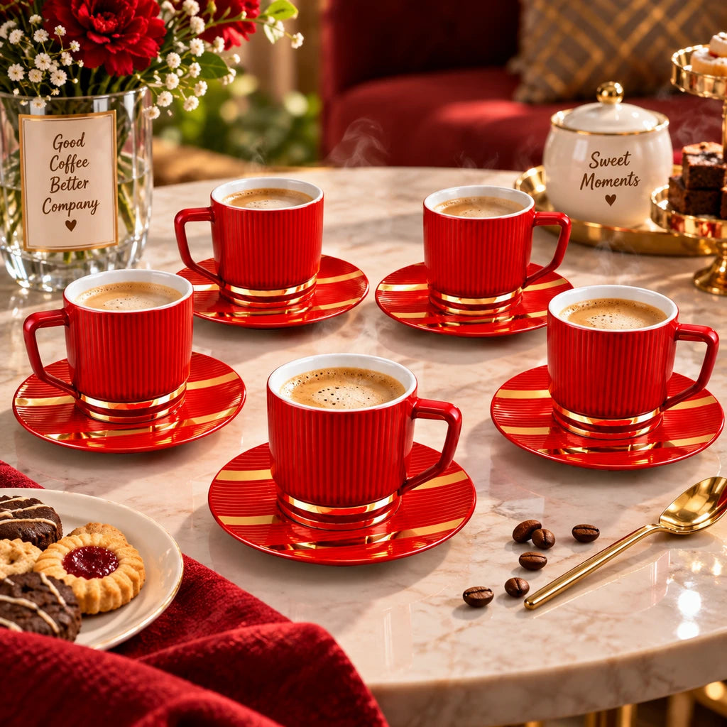 UK Parliament 12-Piece Cup and Saucer Set | Red & Gold