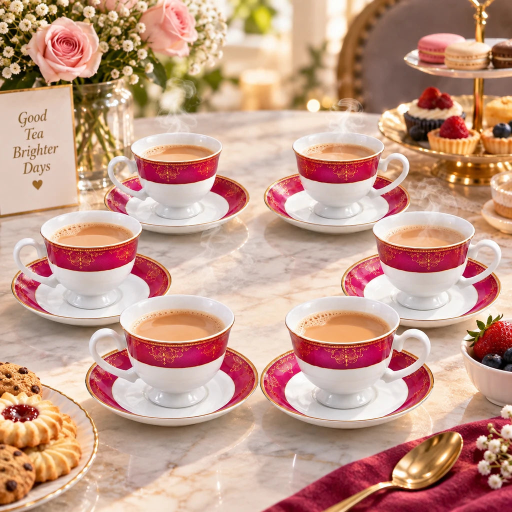 Royale 12-Piece Cup and Saucer Set | Magenta & Gold