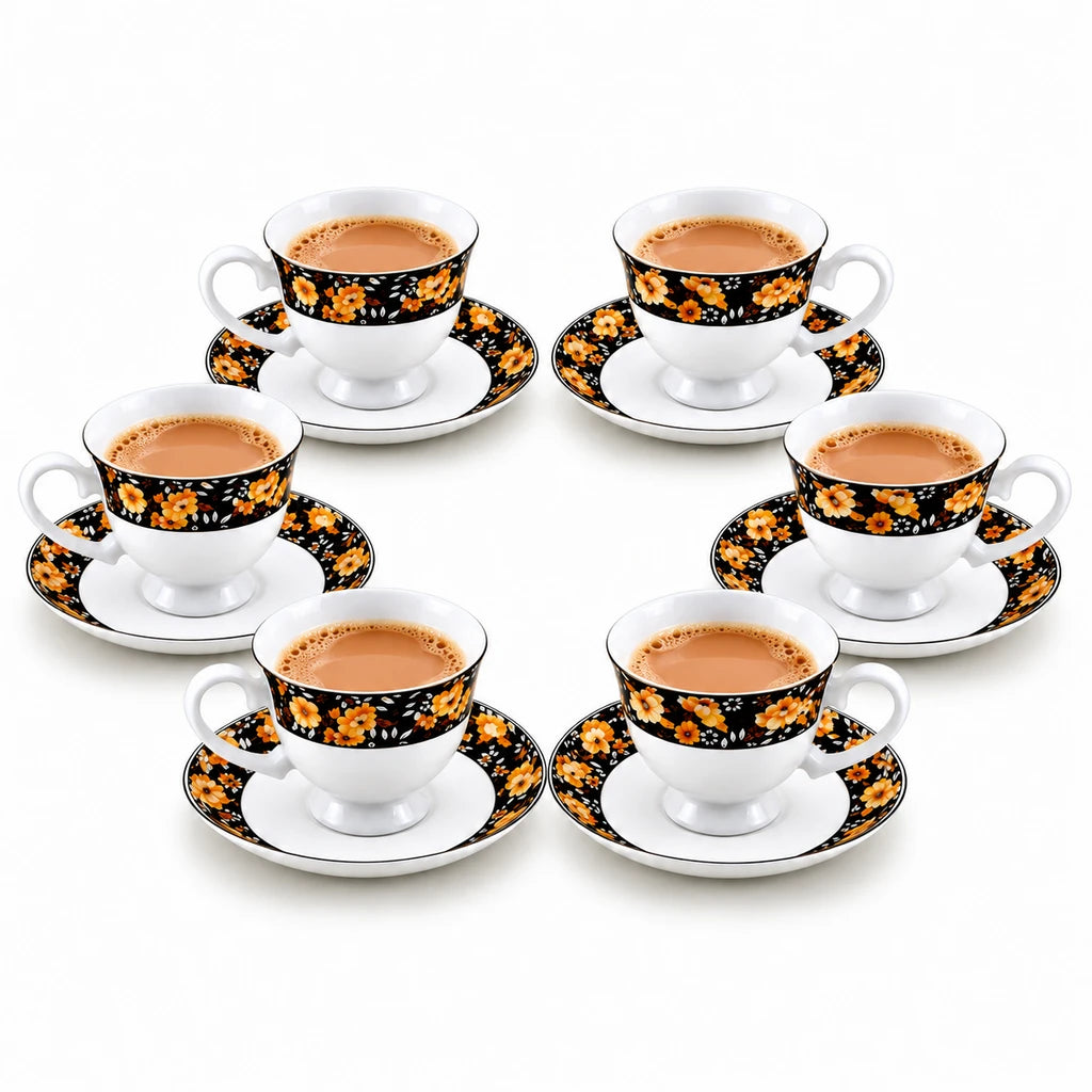 Royale 12-Piece Cup and Saucer Set | Black & Amber Floral