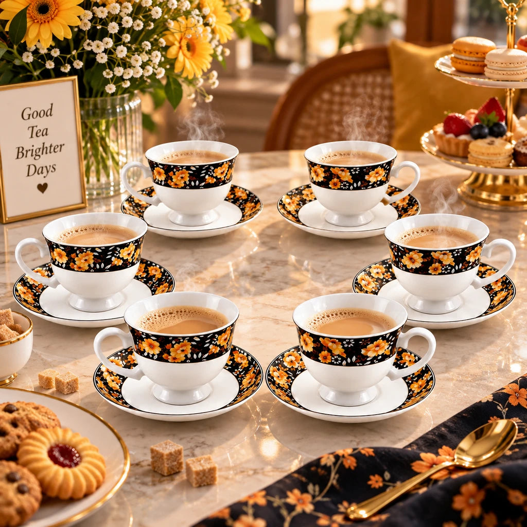 Royale 12-Piece Cup and Saucer Set | Black & Amber Floral