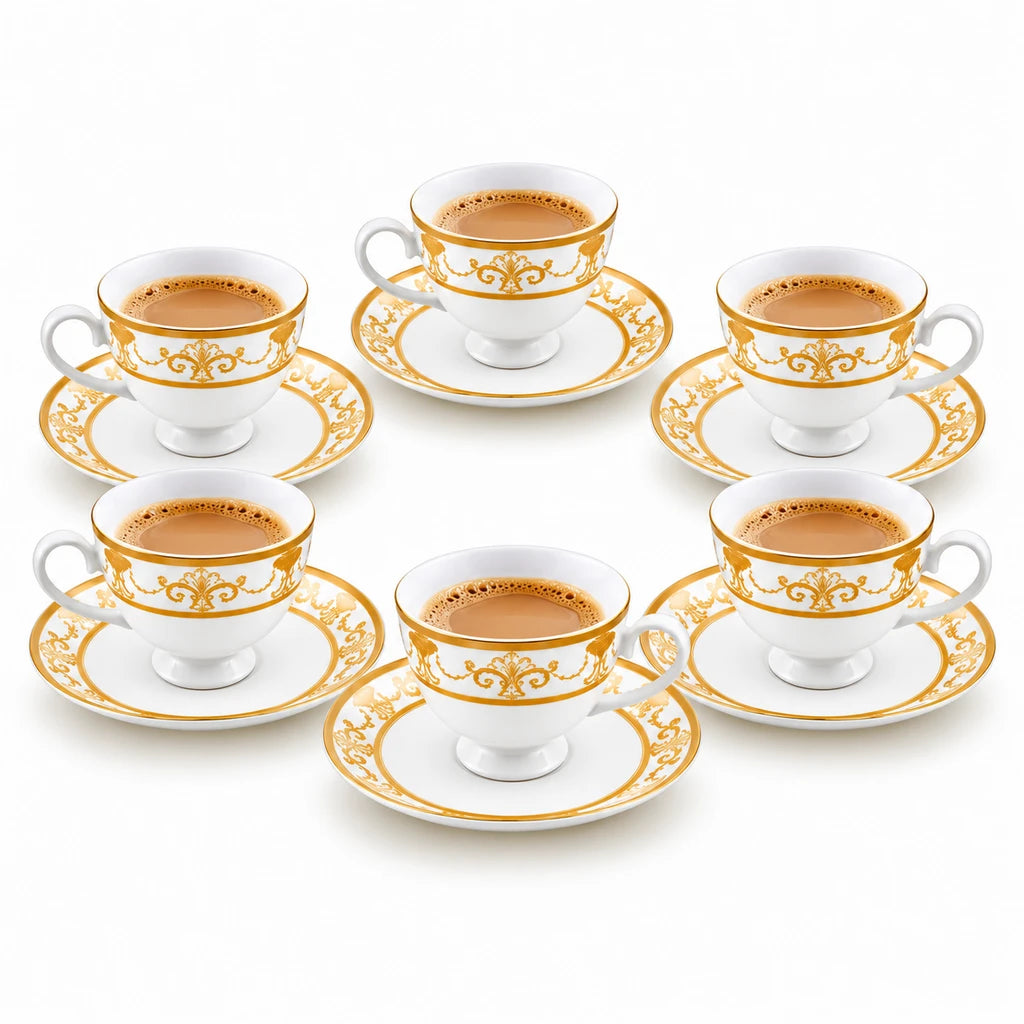 Royale 12-Piece Cup and Saucer Set | White & Gold Classic