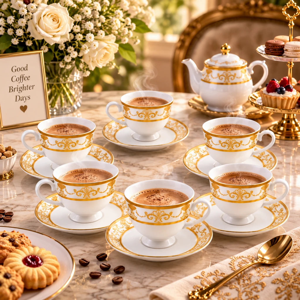 Royale 12-Piece Cup and Saucer Set | White & Gold Classic