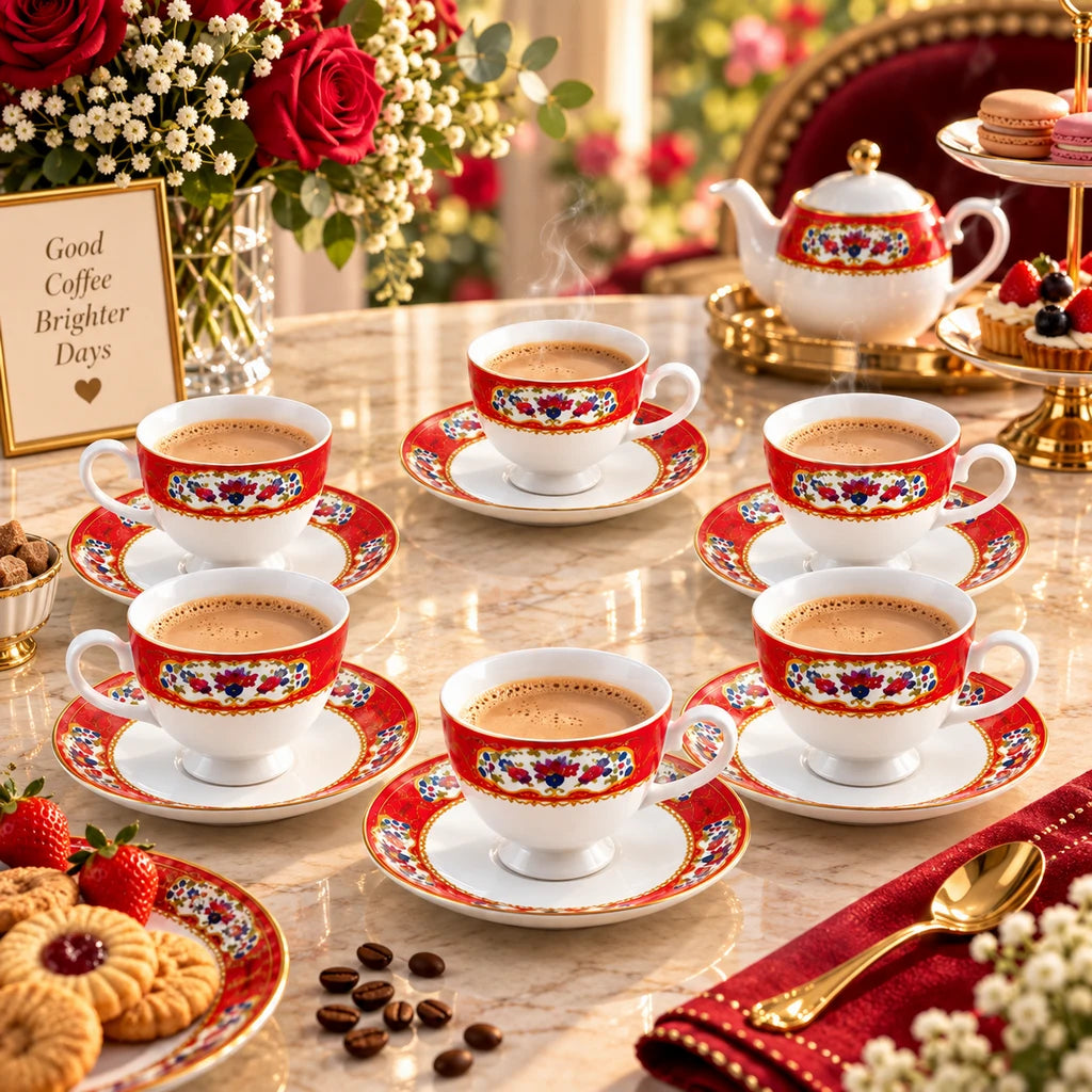 Royale 12-Piece Cup and Saucer Set | Red Floral Festive