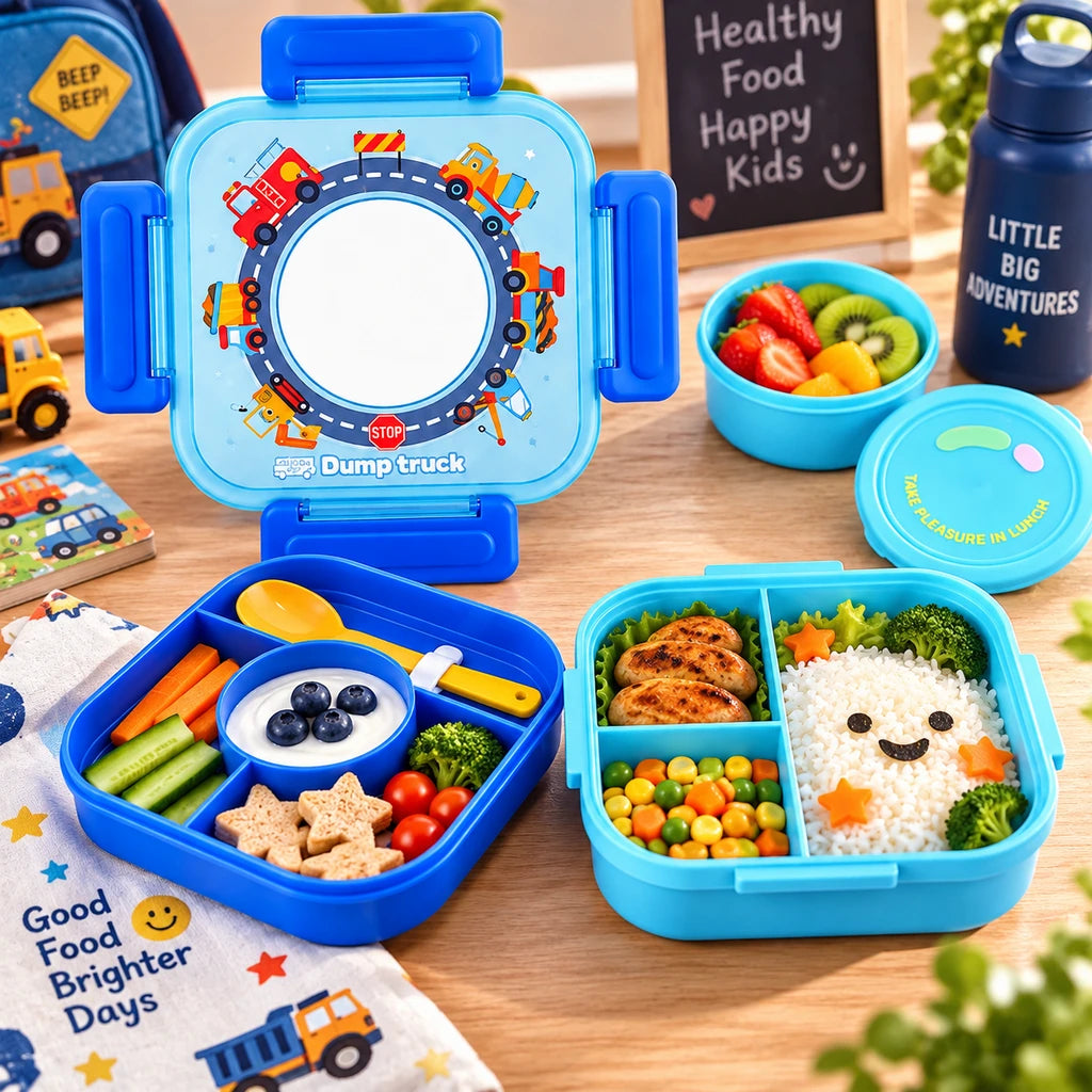 IQIX 1100 ML Kids Lunch Box | 3-Compartment | Sky-Blue | Construction Print