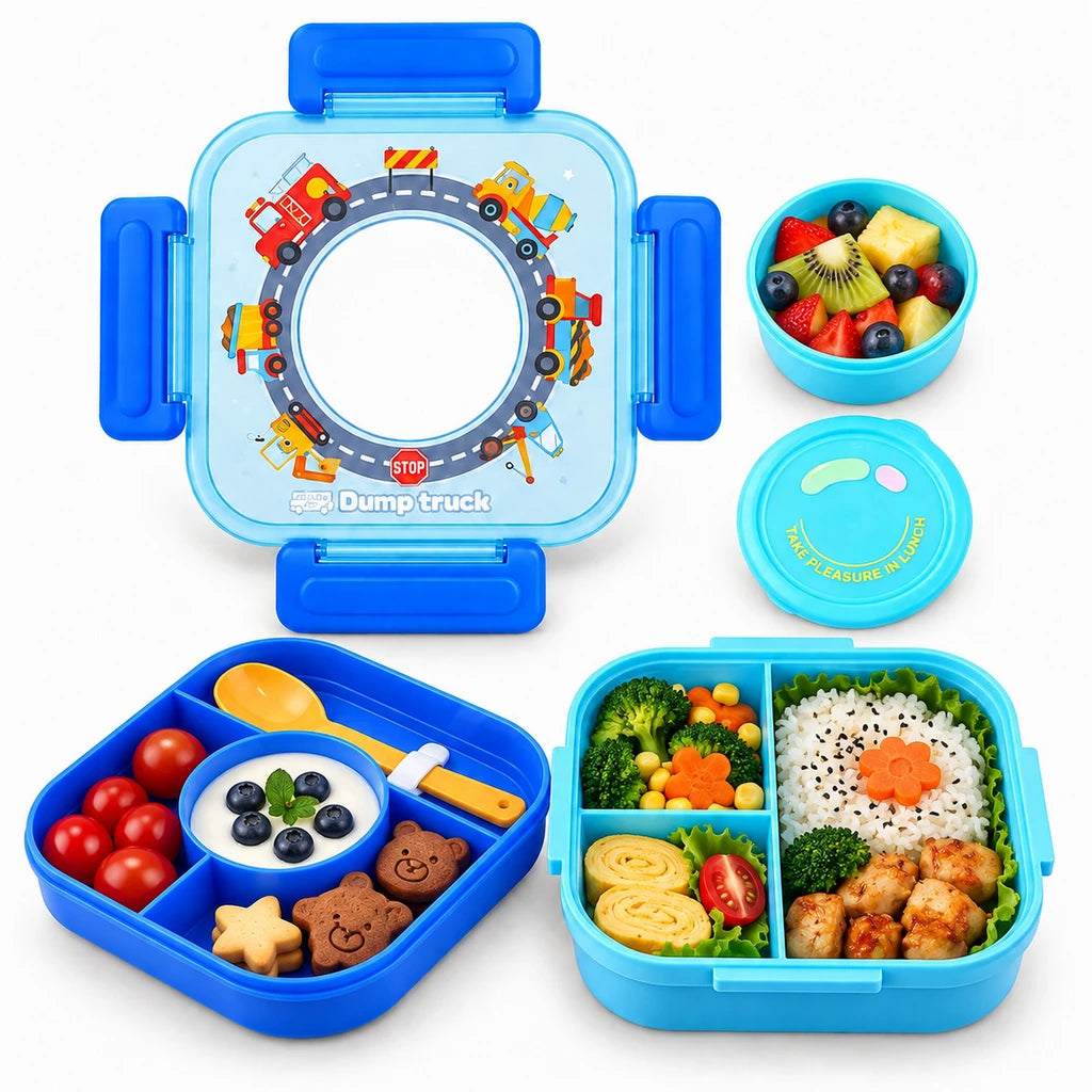 IQIX 1100 ML Kids Lunch Box | 3-Compartment | Sky-Blue | Construction Print
