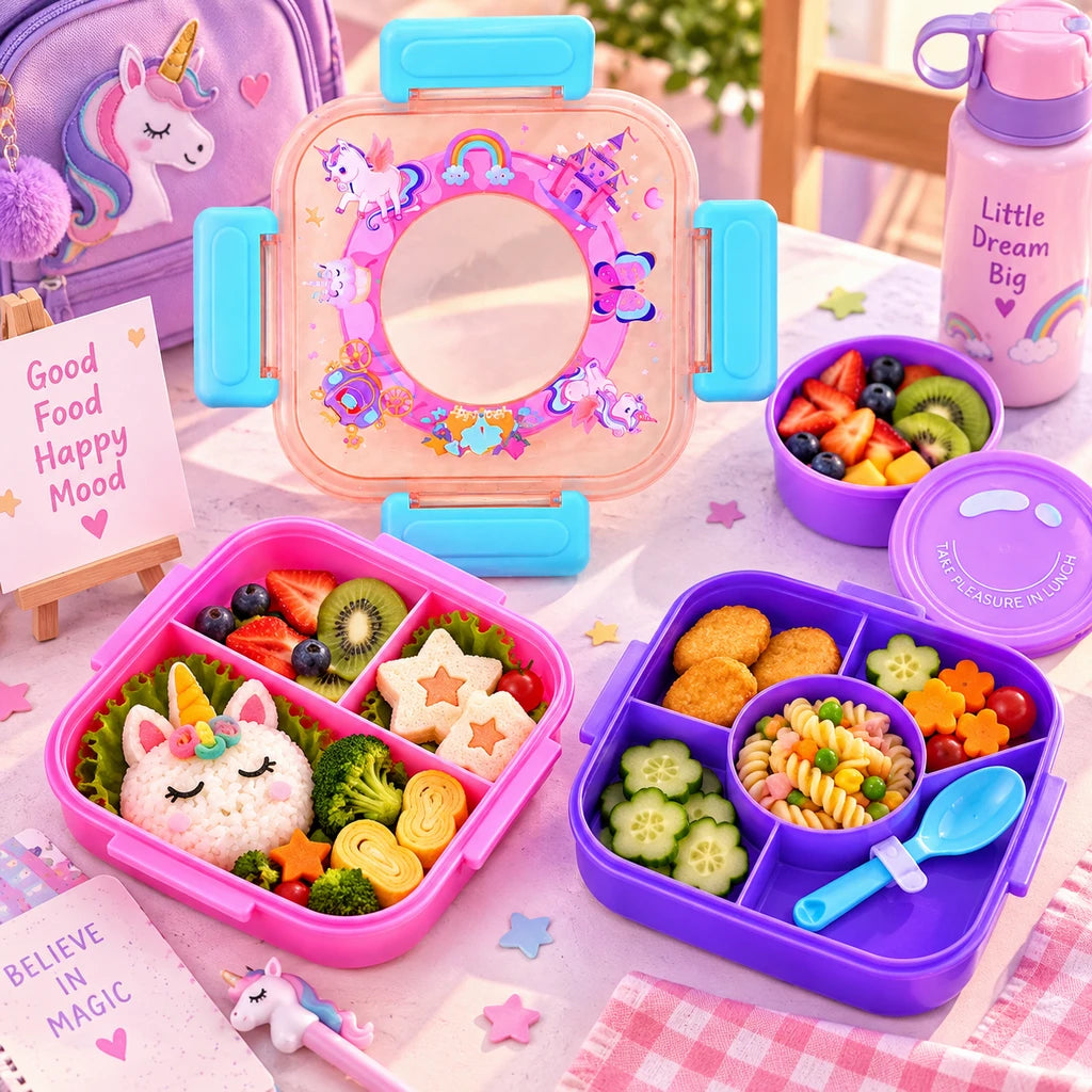 IQIX 1100 ML Kids Lunch Box | 3-Compartment | Pink | Unicorn Print