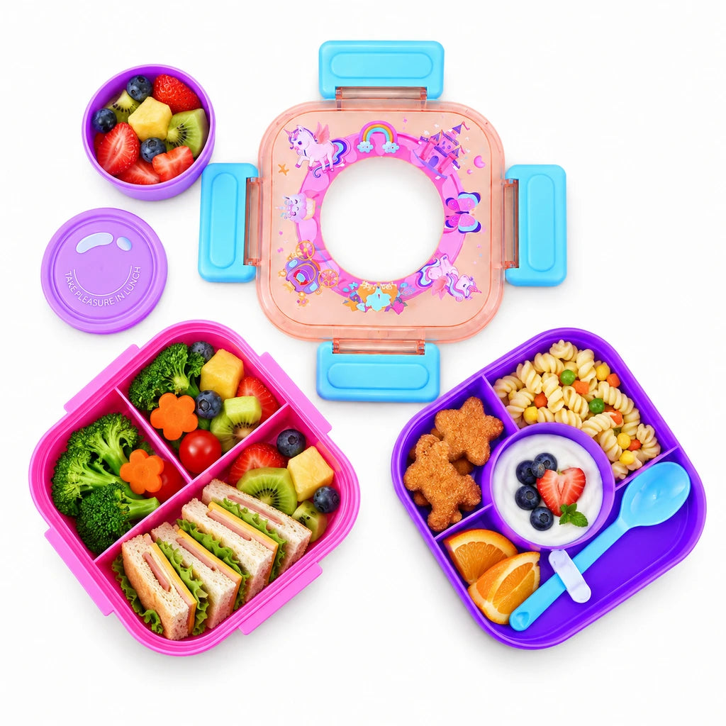 IQIX 1100 ML Kids Lunch Box | 3-Compartment | Pink | Unicorn Print