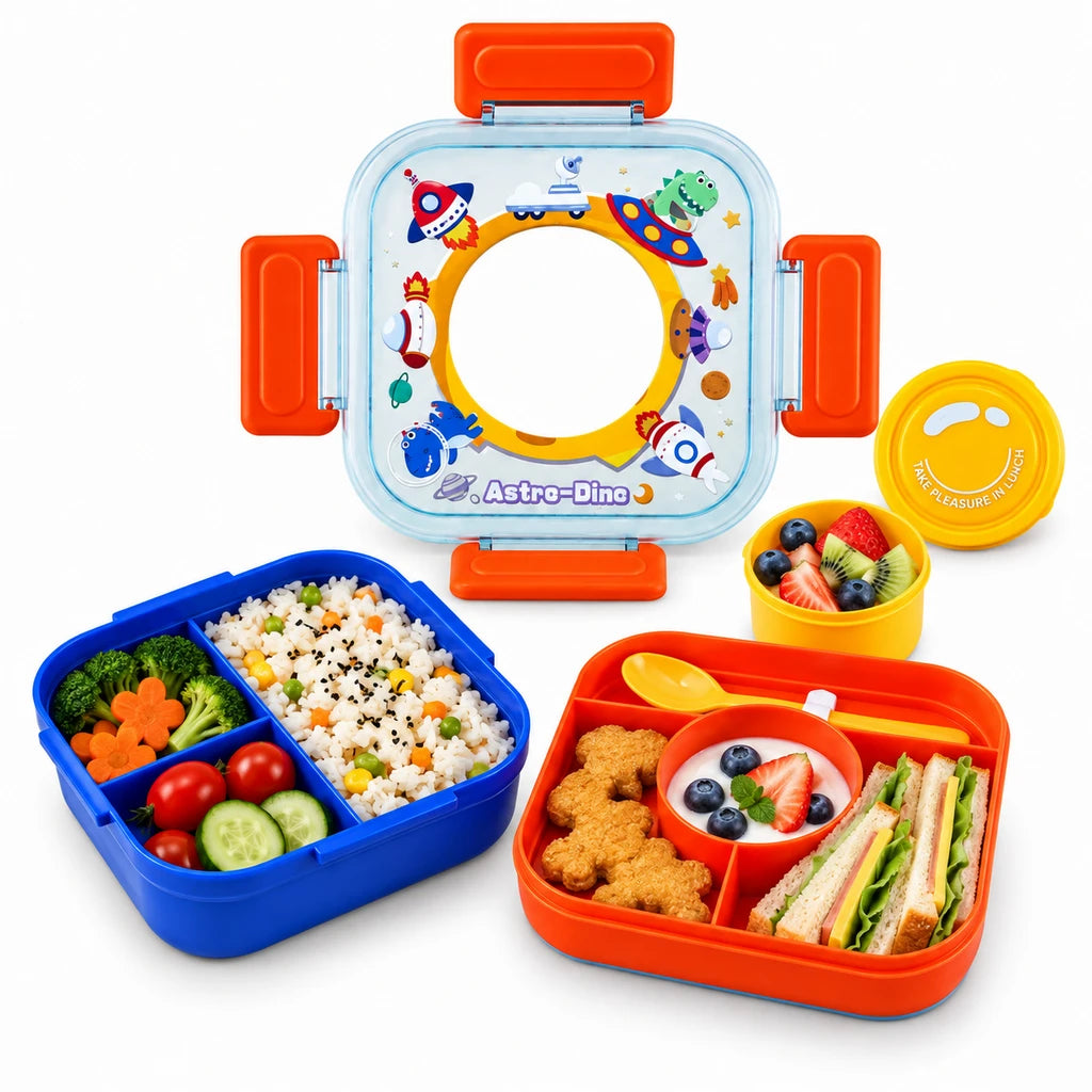 IQIX 1100 ML Kids Lunch Box | 3-Compartment | Blue & Orange | Space Print