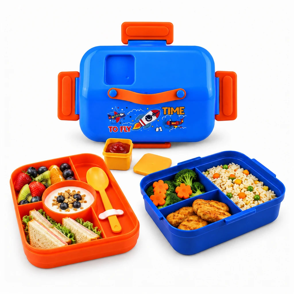 IQIX 1270 ML Kids Lunch Box | 3-Compartment | Blue & Orange | Rocket Print