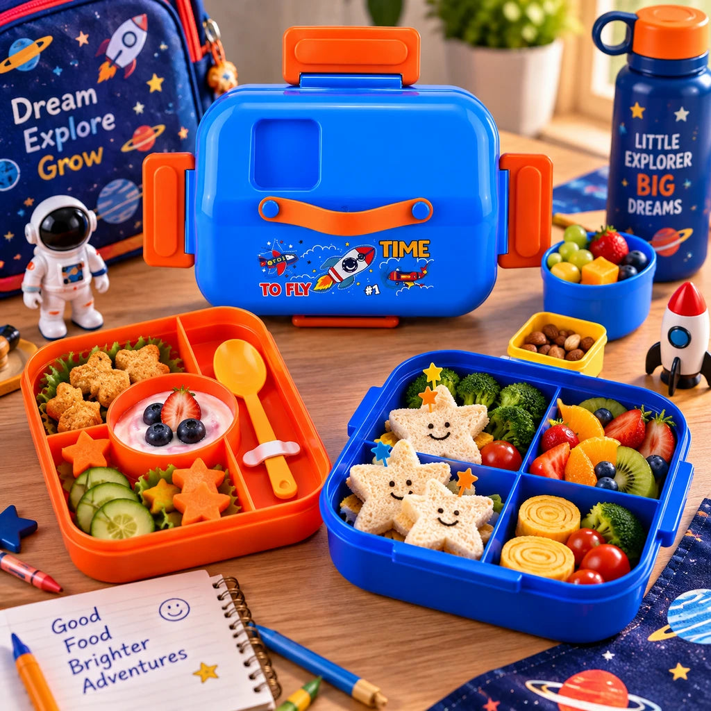 IQIX 1270 ML Kids Lunch Box | 3-Compartment | Blue & Orange | Rocket Print