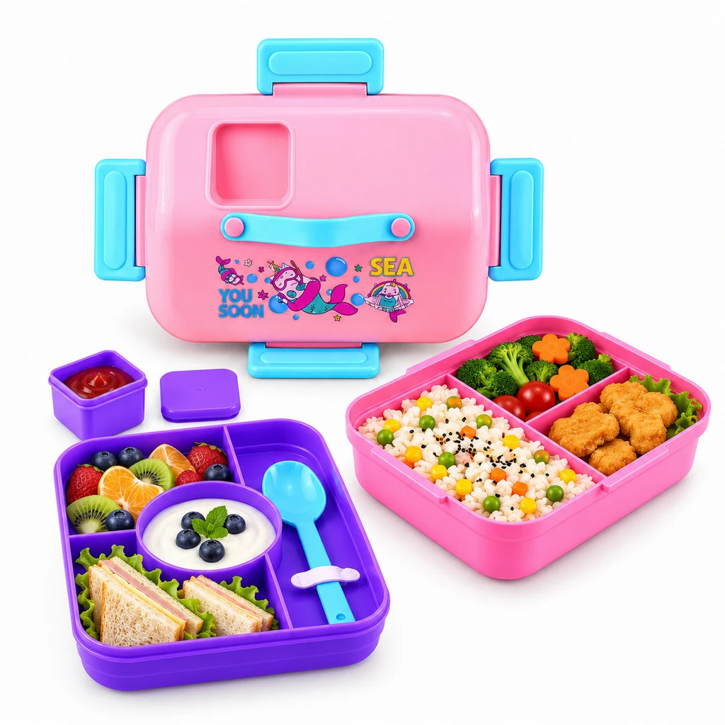IQIX 1270 ML Kids Lunch Box | 3-Compartment | Pink & Purple | Mermaid Print