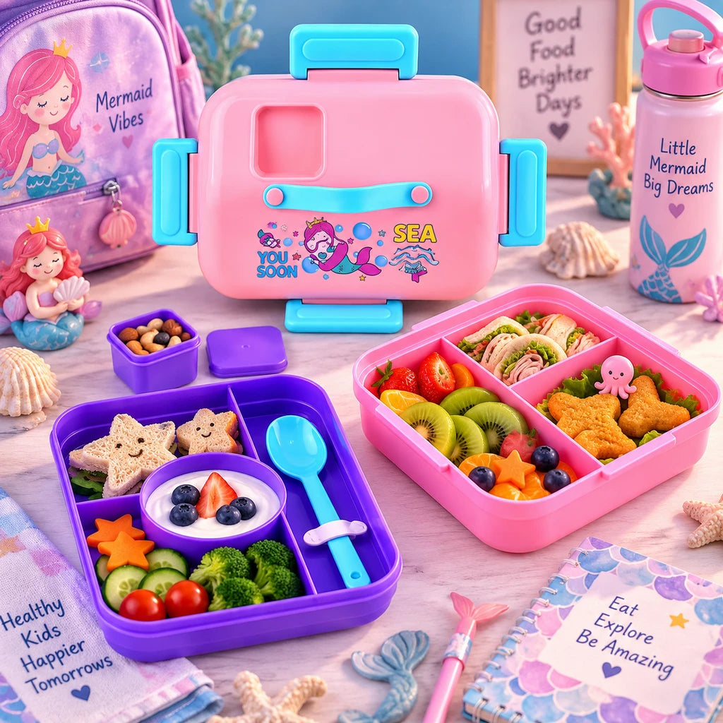 IQIX 1270 ML Kids Lunch Box | 3-Compartment | Pink & Purple | Mermaid Print