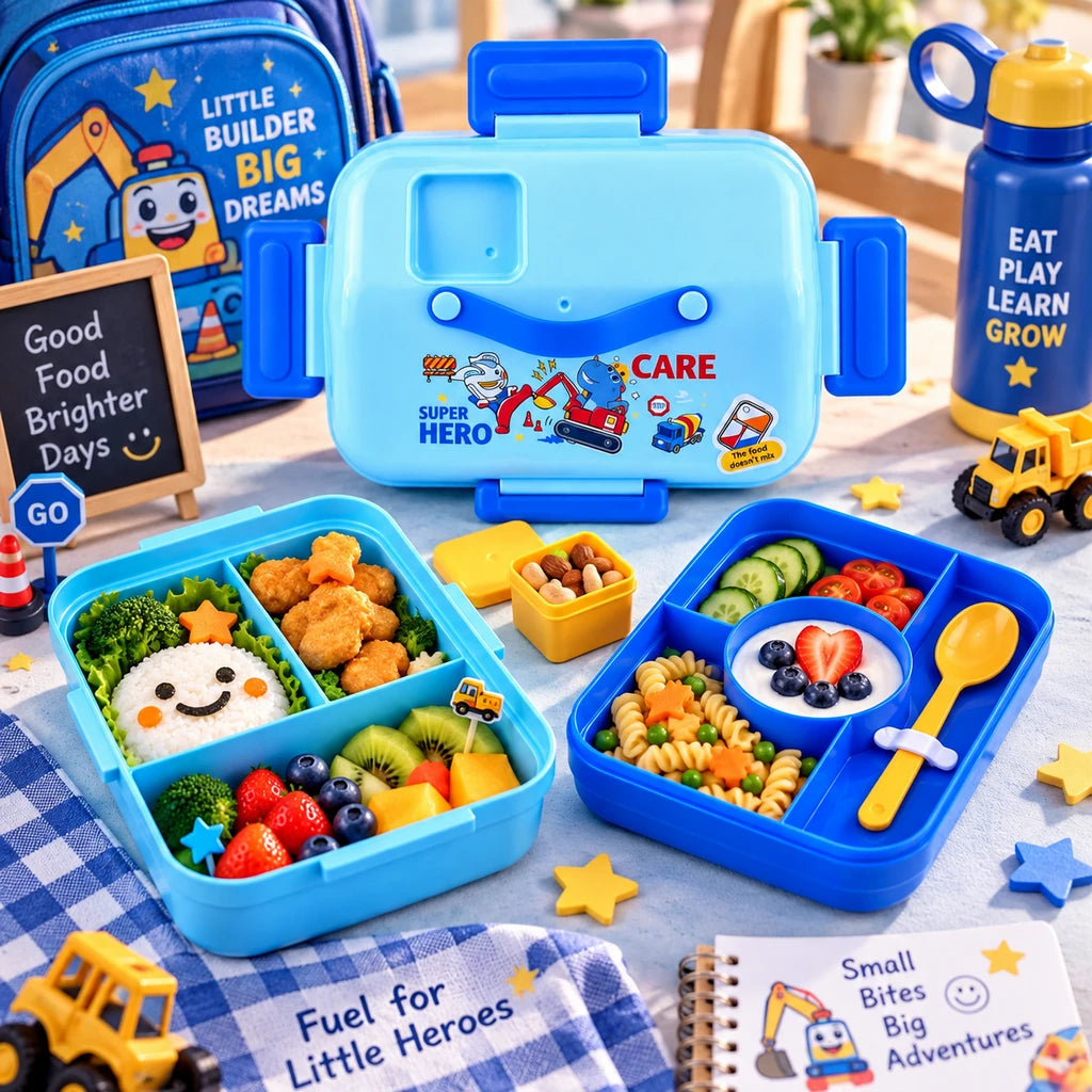 IQIX 1270 ML Kids Lunch Box | 3-Compartment | Sky-Blue | Super Hero Print