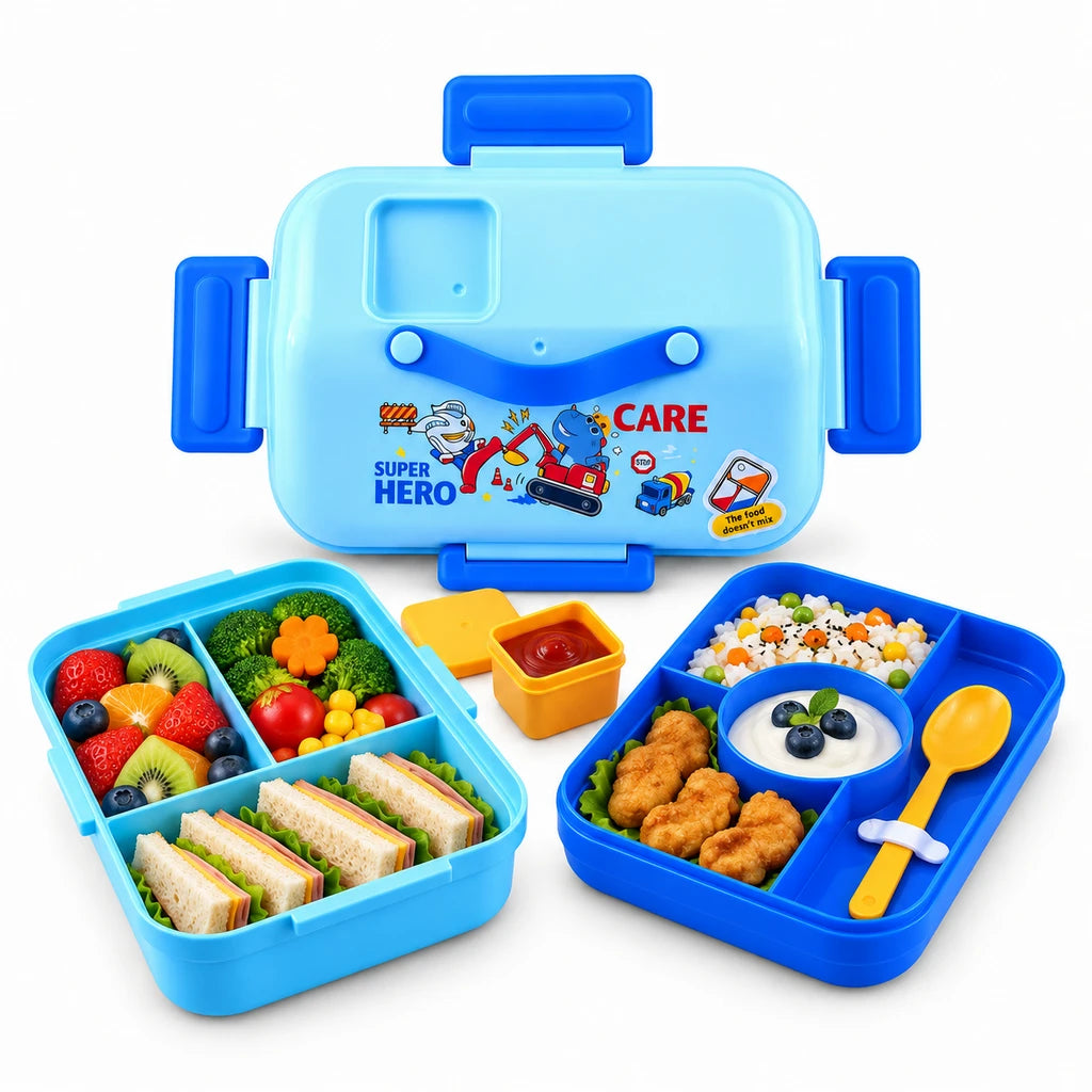 IQIX 1270 ML Kids Lunch Box | 3-Compartment | Sky-Blue | Super Hero Print