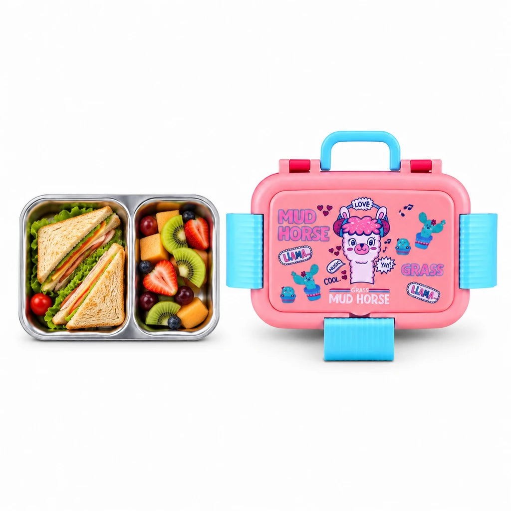IQIX 800 ML Flip-Top 5-Section Stainless Steel Lunch Box | Pink Mud Horse Design