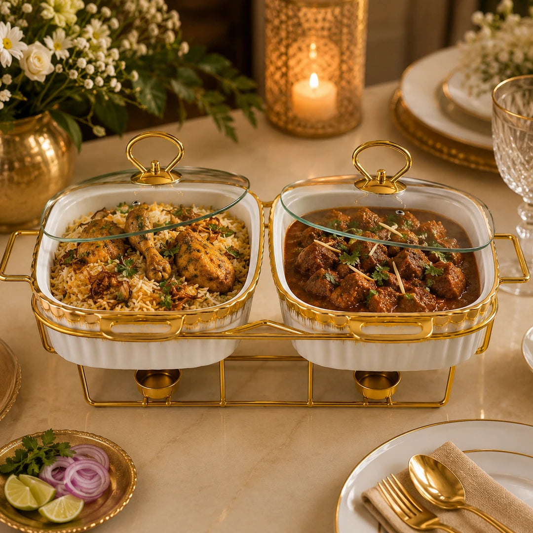 Brilliant Ceramic Rectangular Twin Food Warmer | White And Gold Twin | 13-Inch 2-Portion
