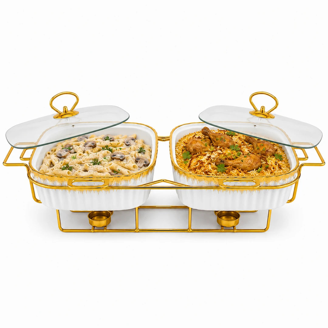 Brilliant Ceramic Rectangular Twin Food Warmer | White And Gold Twin | 13-Inch 2-Portion