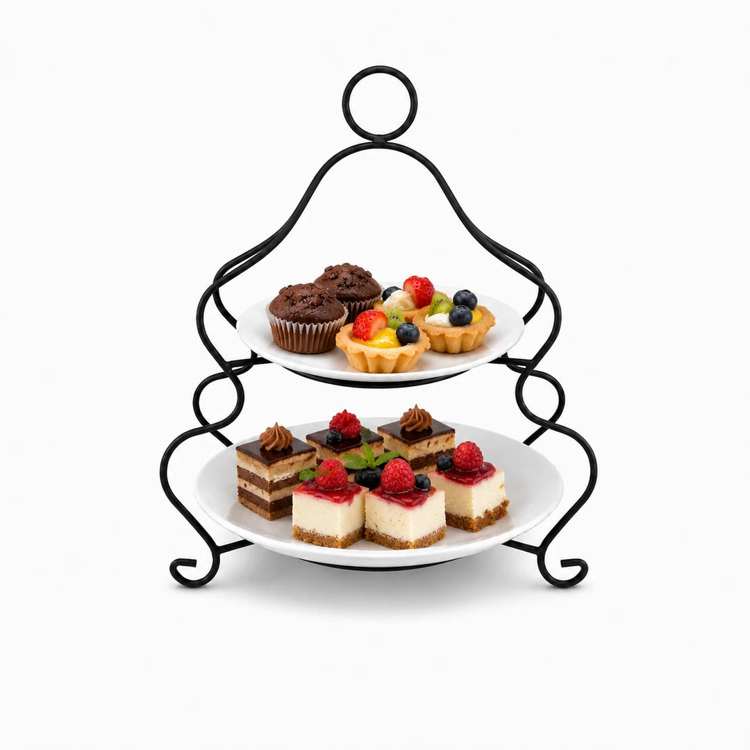 Brilliant Ceramic Round Dessert Stand | White Plates & Black Metal Stand | 2-Tier