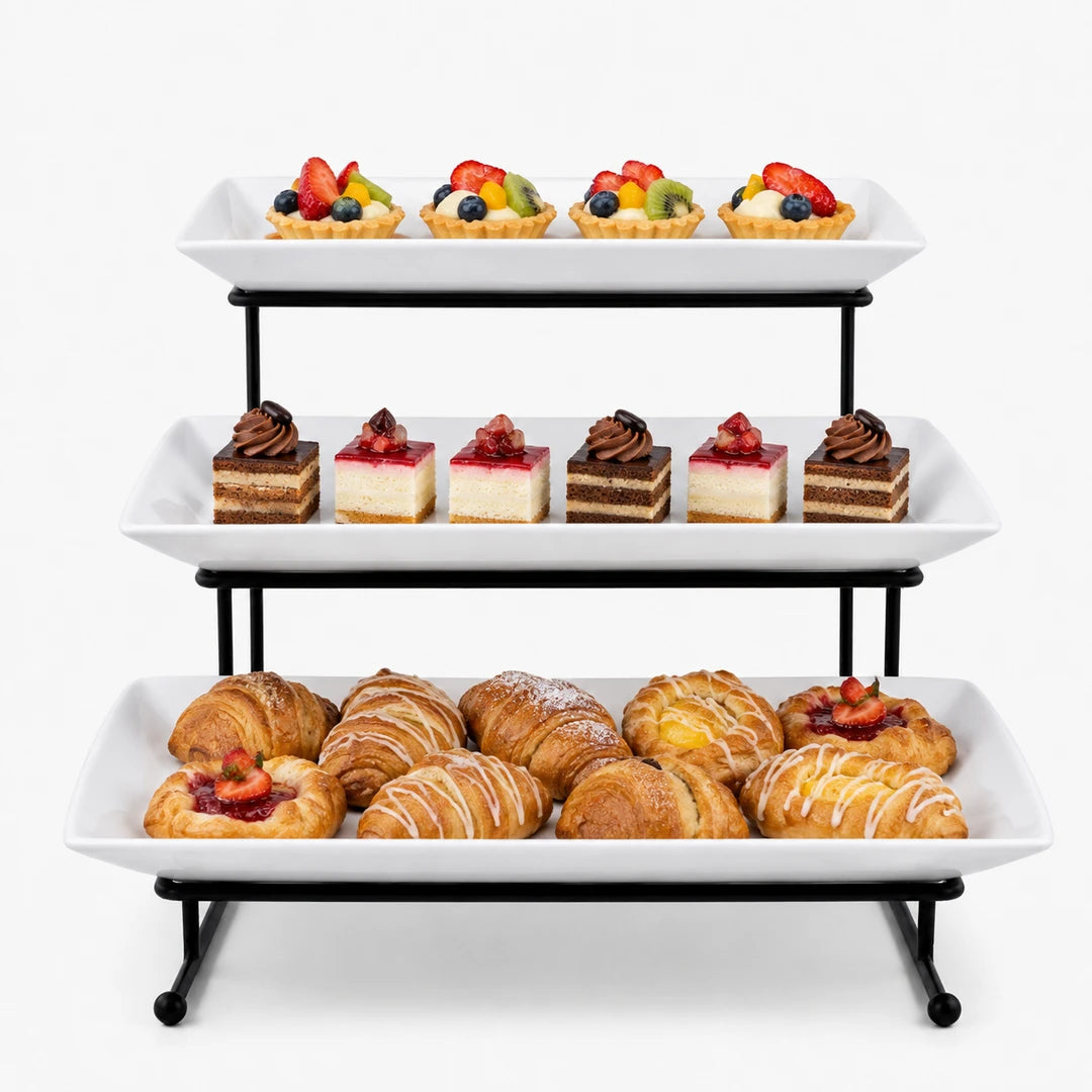 Brilliant Ceramic Rectangular Dessert Stand | White Plates & Black Metal Stand | 3-Tier
