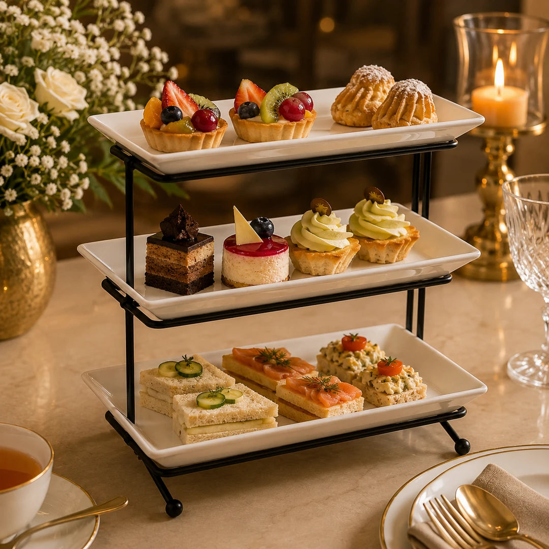 Brilliant Ceramic Rectangular Dessert Stand | White Plates & Black Metal Stand | 3-Tier