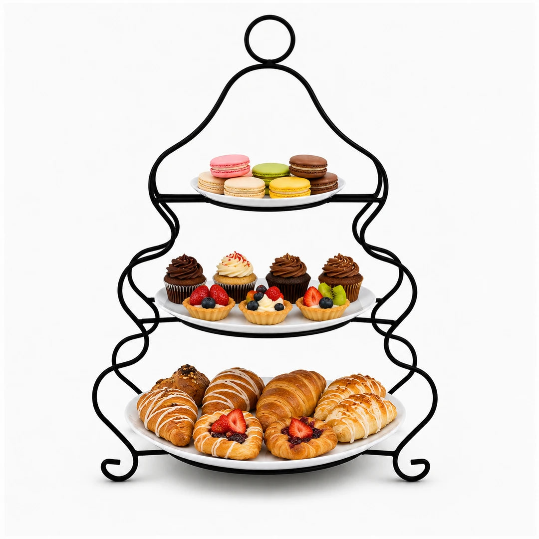 Brilliant Ceramic Round Dessert Stand | White Plates & Black Metal Stand | 3-Tier