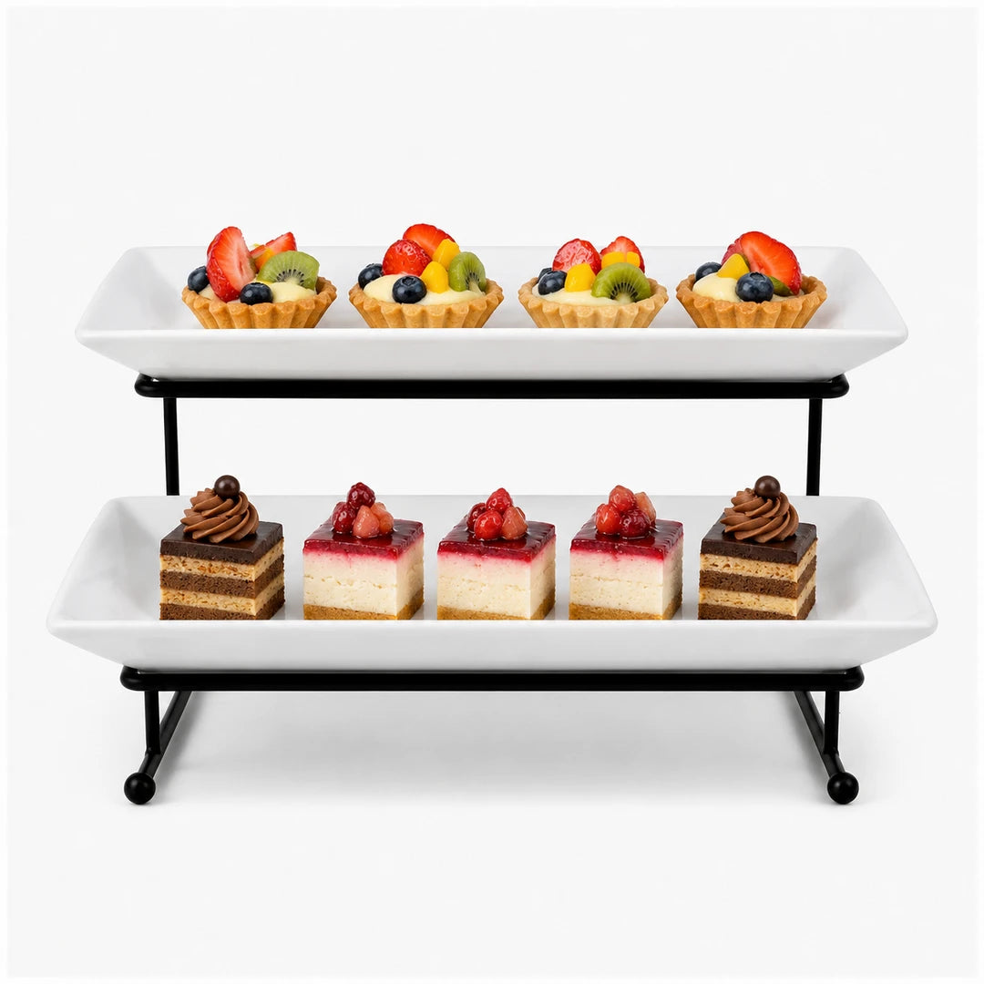 Brilliant Ceramic Rectangular Dessert Stand | White Plates & Black Metal Stand | 2-Tier