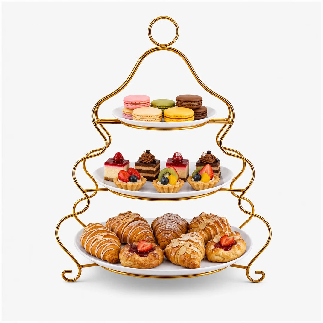Brilliant Ceramic Round Dessert Stand | White Plates & Golden Metal Stand | 3-Tier