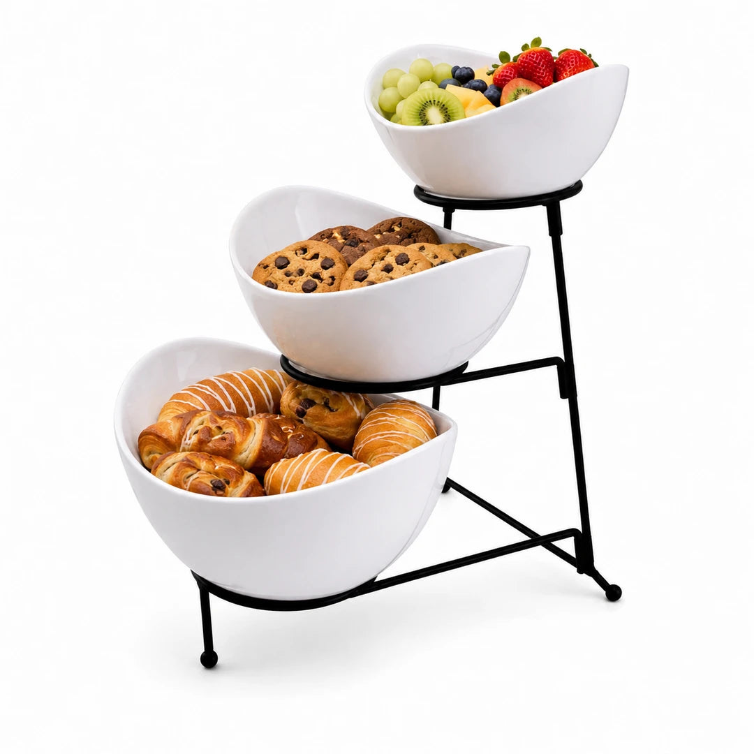 Brilliant Ceramic Serving Bowl Stand | White Bowls & Black Metal Stand | 3-Tier