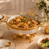 Brilliant Ceramic Round Food Warmer With Gold Metal Stand And Glass Lid | White And Gold | 12 Inch