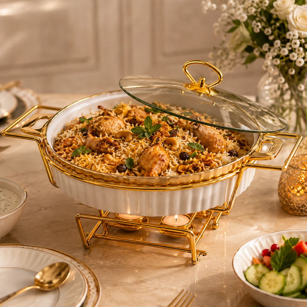 Brilliant Ceramic Round Food Warmer With Gold Metal Stand And Glass Lid | White And Gold | 12 Inch