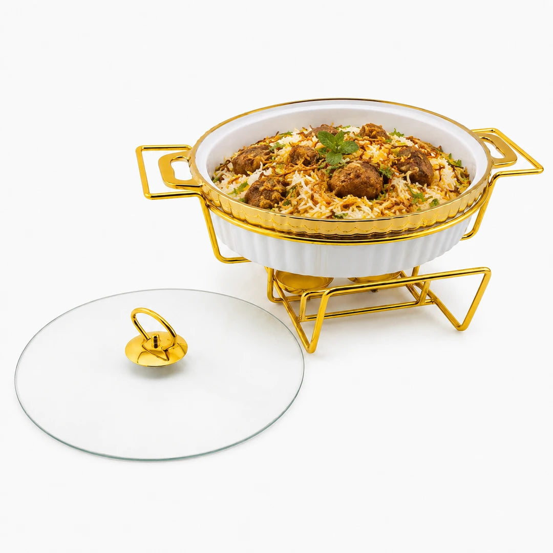 Brilliant Ceramic Round Food Warmer With Gold Metal Stand And Glass Lid | White And Gold | 12 Inch