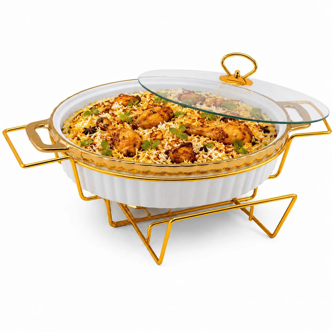 Brilliant Ceramic Round Food Warmer With Glass Lid And Gold Metal Stand | White And Gold | 15 Inch