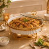 Brilliant Ceramic Round Food Warmer With Glass Lid And Gold Metal Stand | White And Gold | 15 Inch