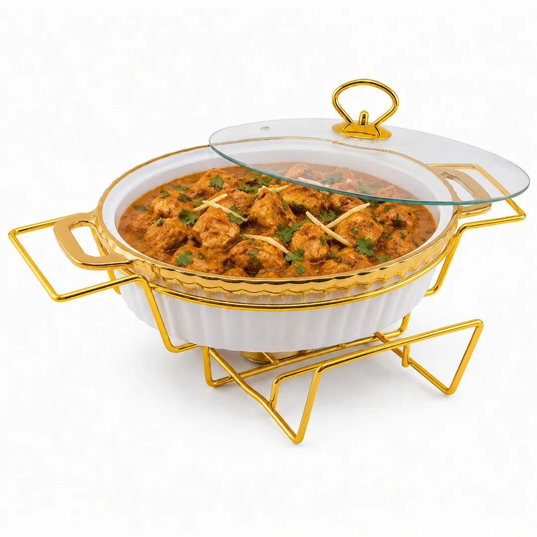 Brilliant Ceramic Round Food Warmer With Gold Stand And Glass Lid | White And Gold | 13 Inch